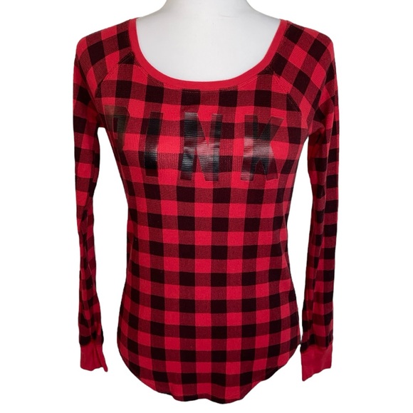 Victoria’s Secret PINK XS Red Black Buffalo Check Plaid Thermal Long Sleeve Top - Picture 1 of 3
